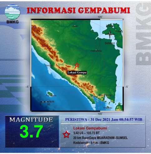 BMKG pada akun instagramnya merilis mengenai Gempa Bumi terjadi di Kabupaten Muara Enim dengan kekuatan 3,7 Magnitudo dan tidak berpotensi Tsunami