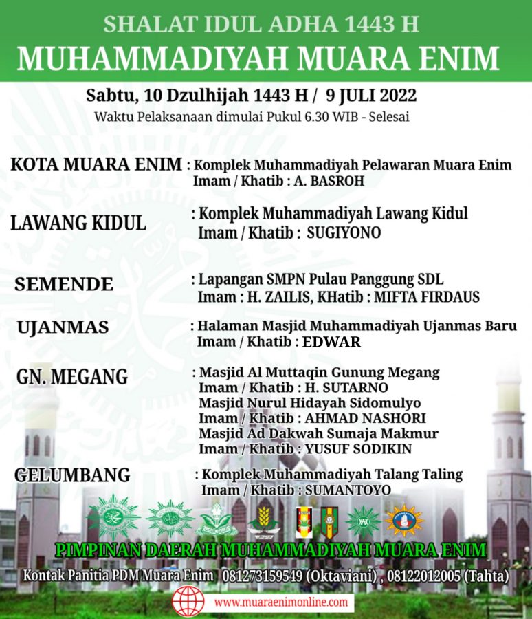 Jadwal pelaksanaan Shalat Idul Adha 1443 H, Muhammadiyah Kabupaten Muara Enim